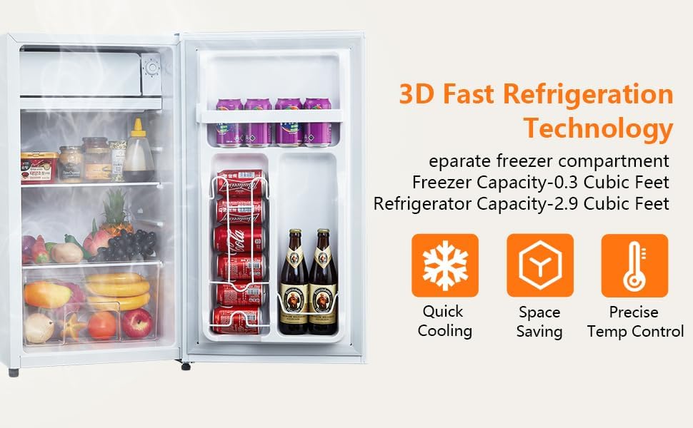 3.2 Cu.Ft Mini Fridge with Freezer, Small Refrigerator with Single Door and Adjustable Thermostat, Shelf, Energy Efficient, Compact Fridge for Bedroom, Office，white