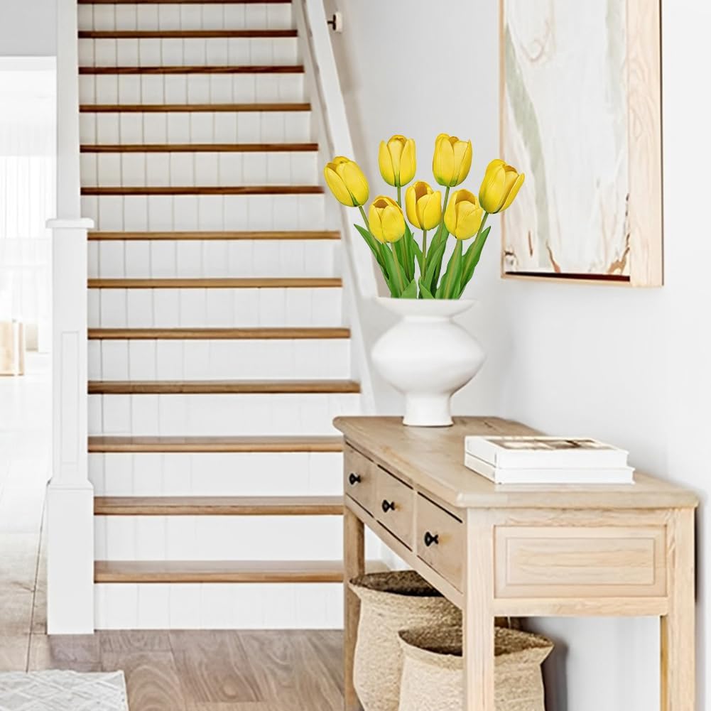 Artificial Tulips Flowers – 24" Long Stem Faux Tulips, 7PCS Real Touch Fake Yellow Tulip for Vase, Farmhouse, Kitchen, Spring & Wedding Home Decor