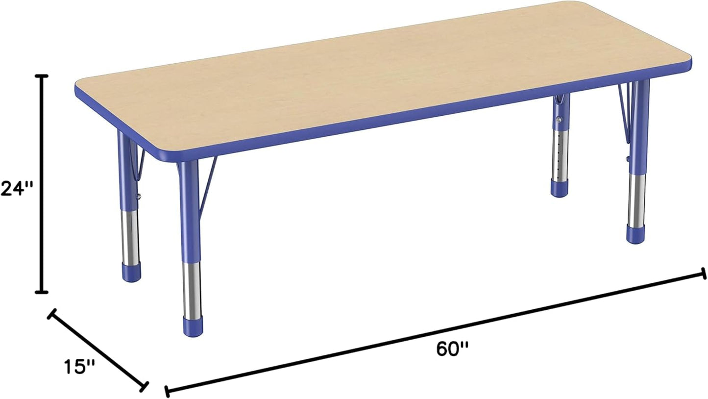 Factory Direct Partners FDP Rectangle Activity School and Classroom Kids Table (24 x 60 inch), Chunky Toddler Legs, Adjustable Height 15-24 inches - Maple Top and Blue Edge