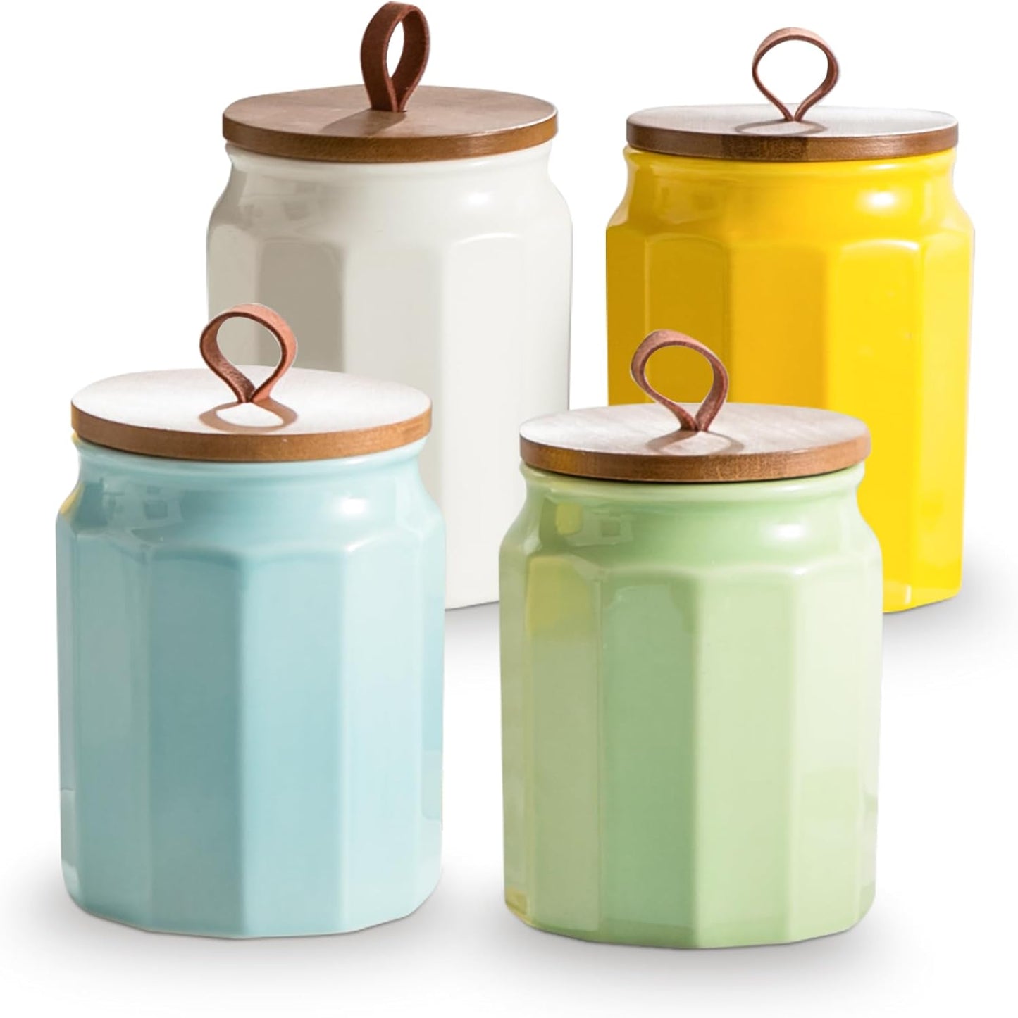 Canister Sets for Kitchen, Kitchen Canisters for Countertop with Airtight Wood Lid, Ceramic Food Storage Containers and Sugar Container for Coffee, Flour, Tea, Candy, Cookie, Spice
