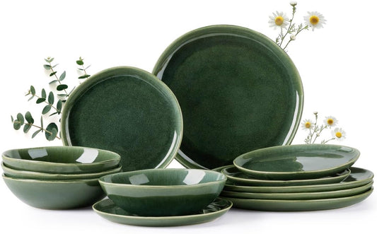 AmorArc Ceramic Dinnerware Sets,Handmade Reactive Glaze Stoneware Plates and Bowls Set,Highly Chip and Crack Resistant | Dishwasher & Microwave Safe Dishes Set,Service for 4 (12pc)