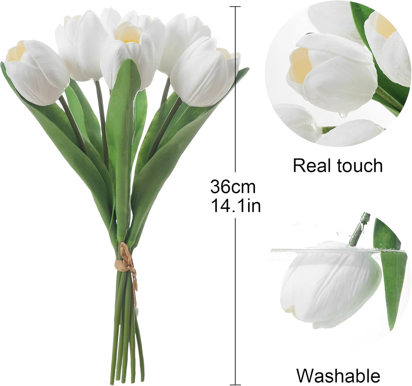 White Artificial Tulips, 2 Bundles 14Pcs, Fake Tulips Artificial Flowers, 2 x 2.4 Inch Large Flower Head Big Tulip, Easter Valentine's Day Mother's Day Home Decoration Flowers