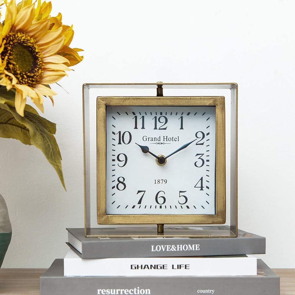 NIKKY HOME Rotating Table Clock, Non-Ticking Silent Battery Operated Decorative Mantel Desk Shelf Metal Clock for Home, Office, Living Room, Bed Room - Gold
