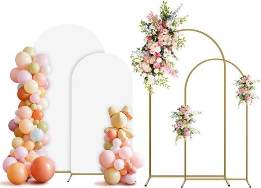 Arch Backdrop Stand and Cover Set, 2 Metal Balloon Arch Backdrop 7.2ft 6ft, Gold Arched Stand Frame for Wedding, Parties,Birthday, Backdrop Decorations (White,7.2ft+6ft)