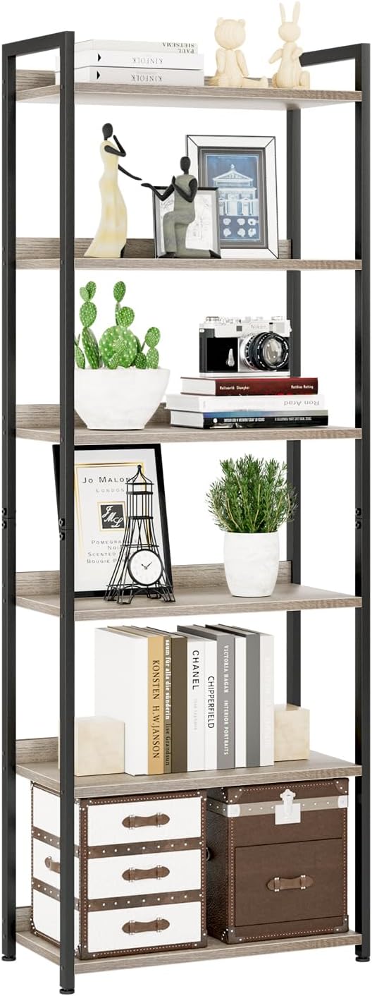 NUMENN Bookshelf, 6 Tier Bookshelves, Home Office Bookcase Shelf Storage Organizer, Free Standing Storage Shelving Unit for Bedroom, Living Room and Home Office, Grey