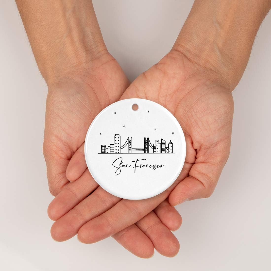Andaz Press Round Ceramic Porcelain Christmas Tree Ornament Keepsake, San Francisco, Black and White Stars City Skyline Graphic, 1-Pack, Birthday Gift Ideas Family Coworker, Includes Gift Box