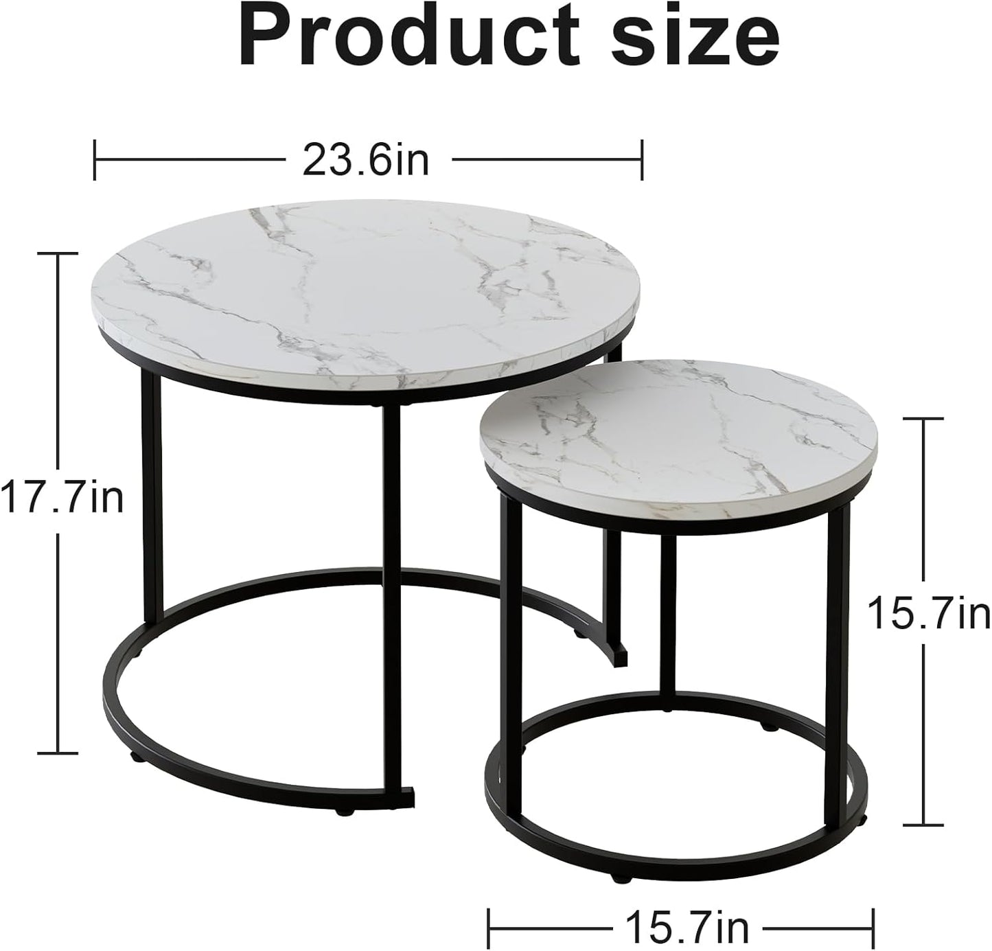 aboxoo Round Nesting Coffee Table Side Table Set of 2 End Tables for Living Room Bedroom Balcony, White Faux Marble Wooden Table Accent Coffee Table with Black Steel Frame