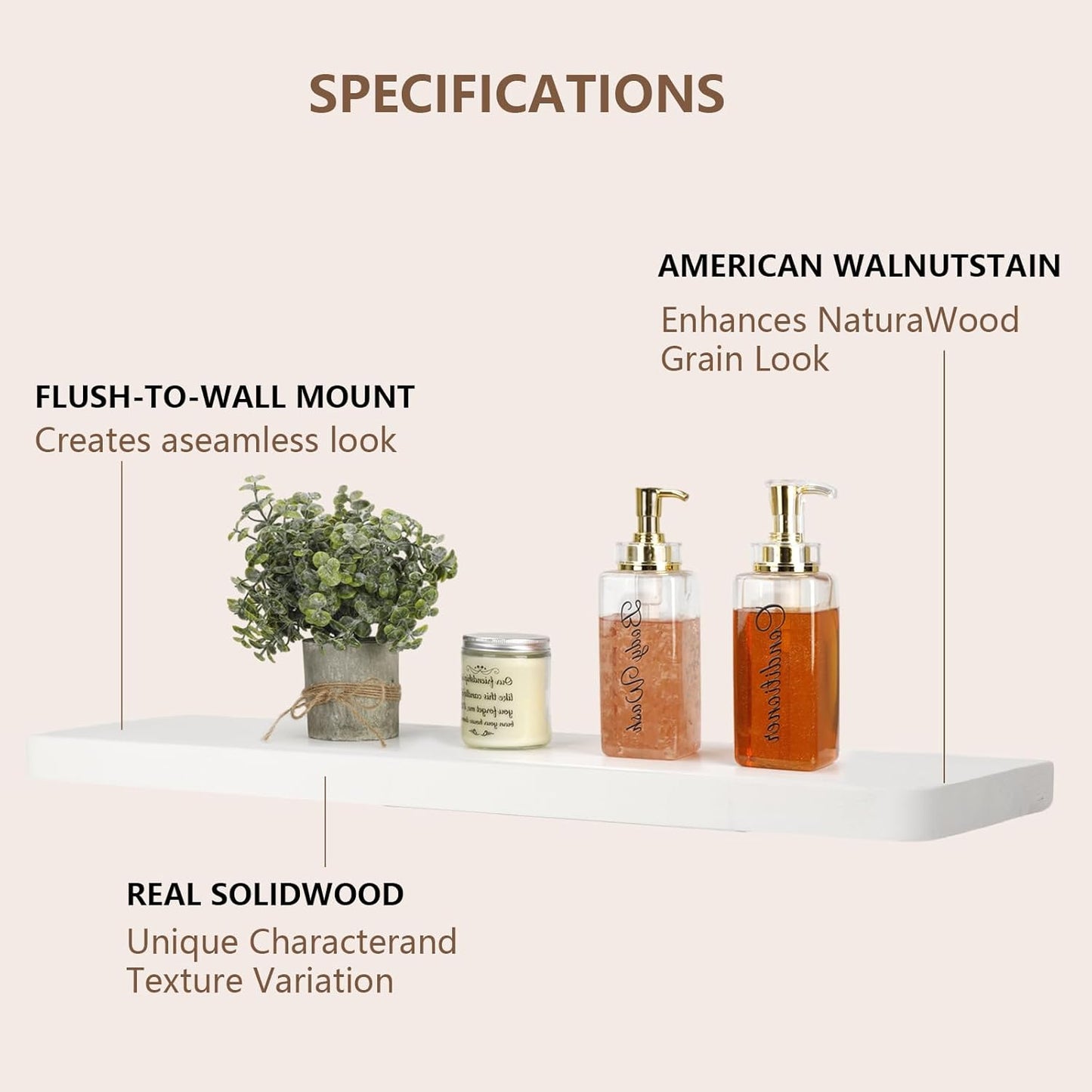 Solid Wood Floating Shelves Set of 2 - Natural, Warp & Crack Resistant 23.62 Inch Wall Shelf with Invisible Brackets Thicker, More Durable for Bathroom, Bedroom, Kitchen, Living Room (White, 23.62)