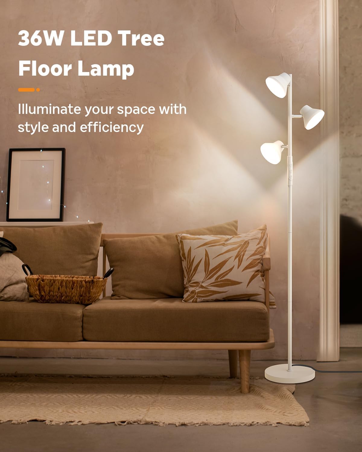 White Floor Lamp, 36W Modern Dimmable Standing Lamp 2700-6500K, 3 Rotatable LED Lights Reading Tall Lamp, Touch & Remote Control Floor Lamps for Living Room Bedroom Office