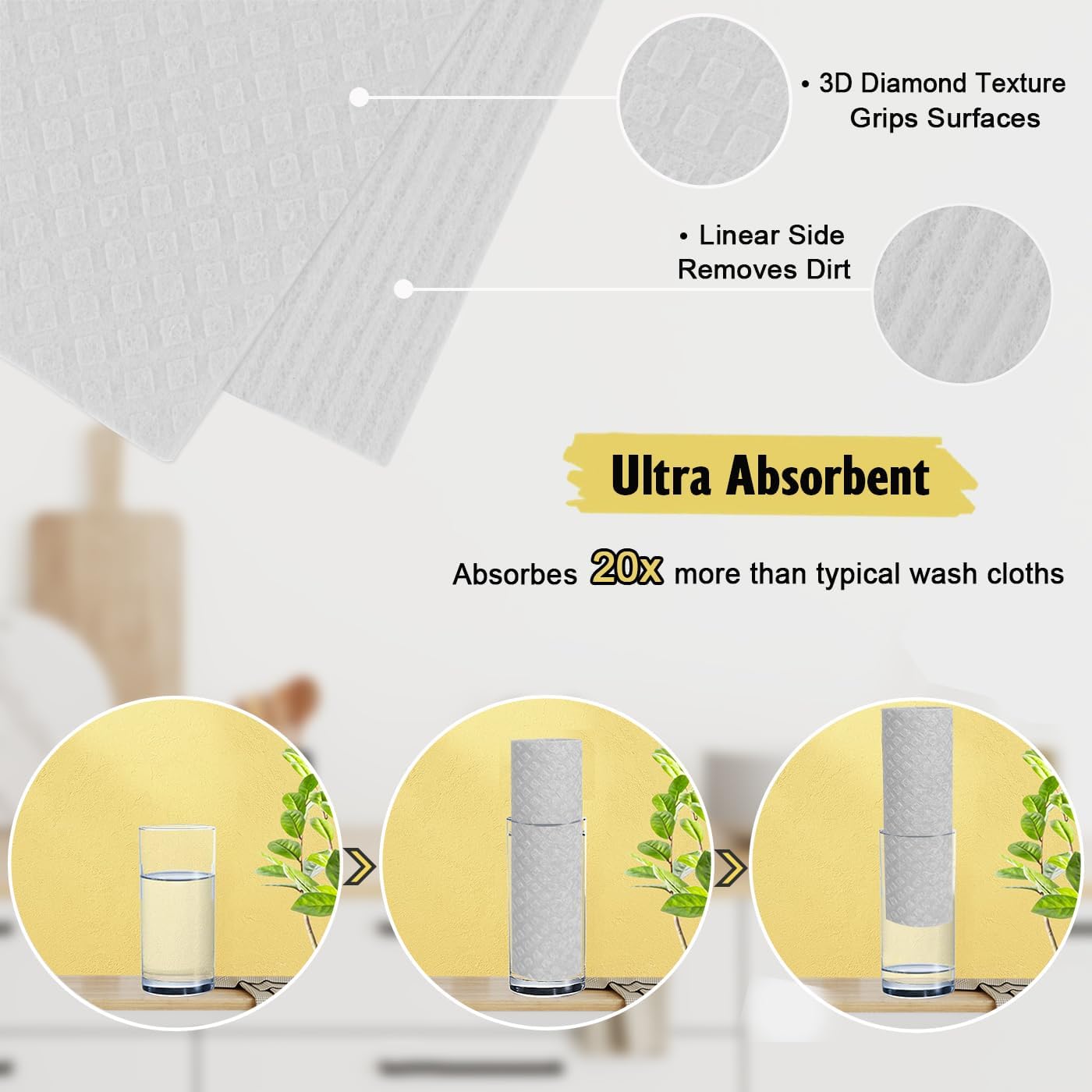 Swedish Dishcloths for Kitchen | 6 Pack Absorbent Cellulose Sponge Cloths Washable | Non-Scratch Reusable Paper Towels Quick Drying Cleaning Cloths - White