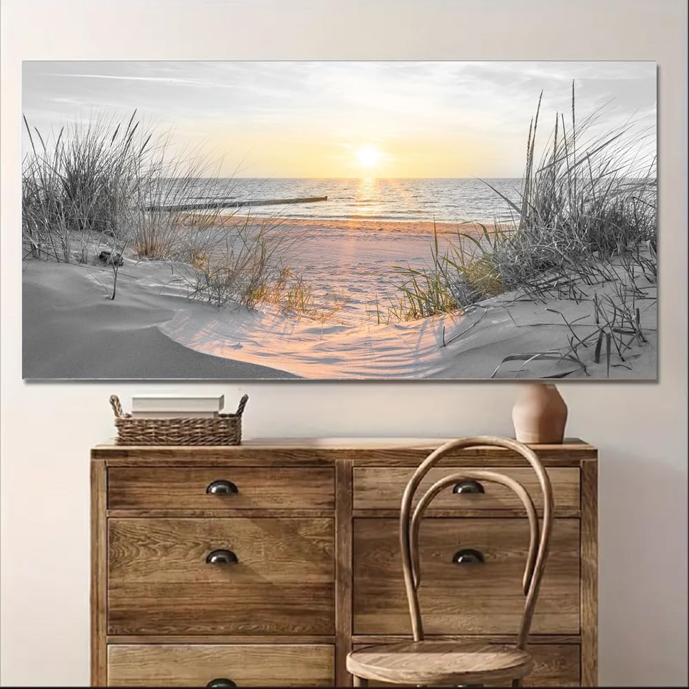 Yxbhhym-Black and White Beach Wall Art Decor for Living Room Sunset Coastal Wall Décor Large Picture Ocean Room Decor Seascape Artwork Sea Scene Painting Print Framed Office Bedroom Decorations