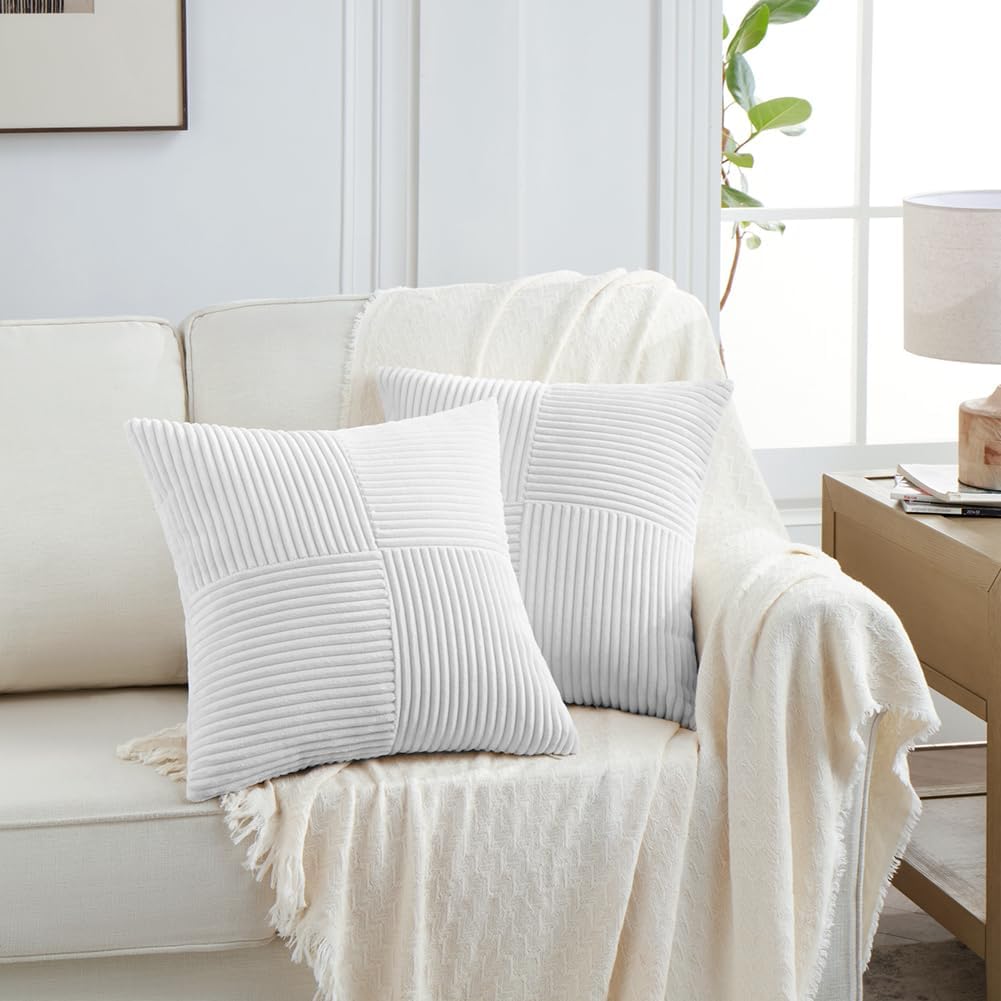 Fancy Homi 2 Packs White Big Decorative Throw Pillow Covers 24x24 Inch for Living Room Couch Bed, Rustic Farmhouse Boho Home Decor, Soft Corss Corduroy Patchwork Accent Square Cushion Case 60x60 cm