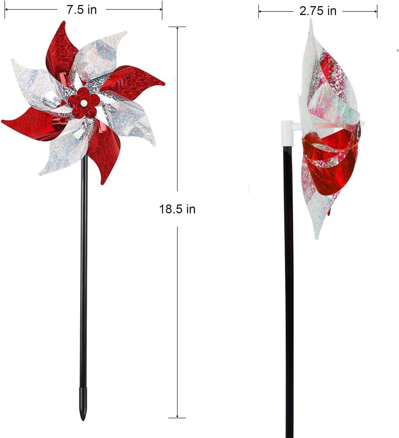 Hausse 10 Pack Reflective Pinwheels, Extra Sparkly Wind Sculptures for Garden Christmas Holiday Winter Decor, Bird Devices Deterrent to Scare Birds Away from Yard Patio Farm, Red & Silver