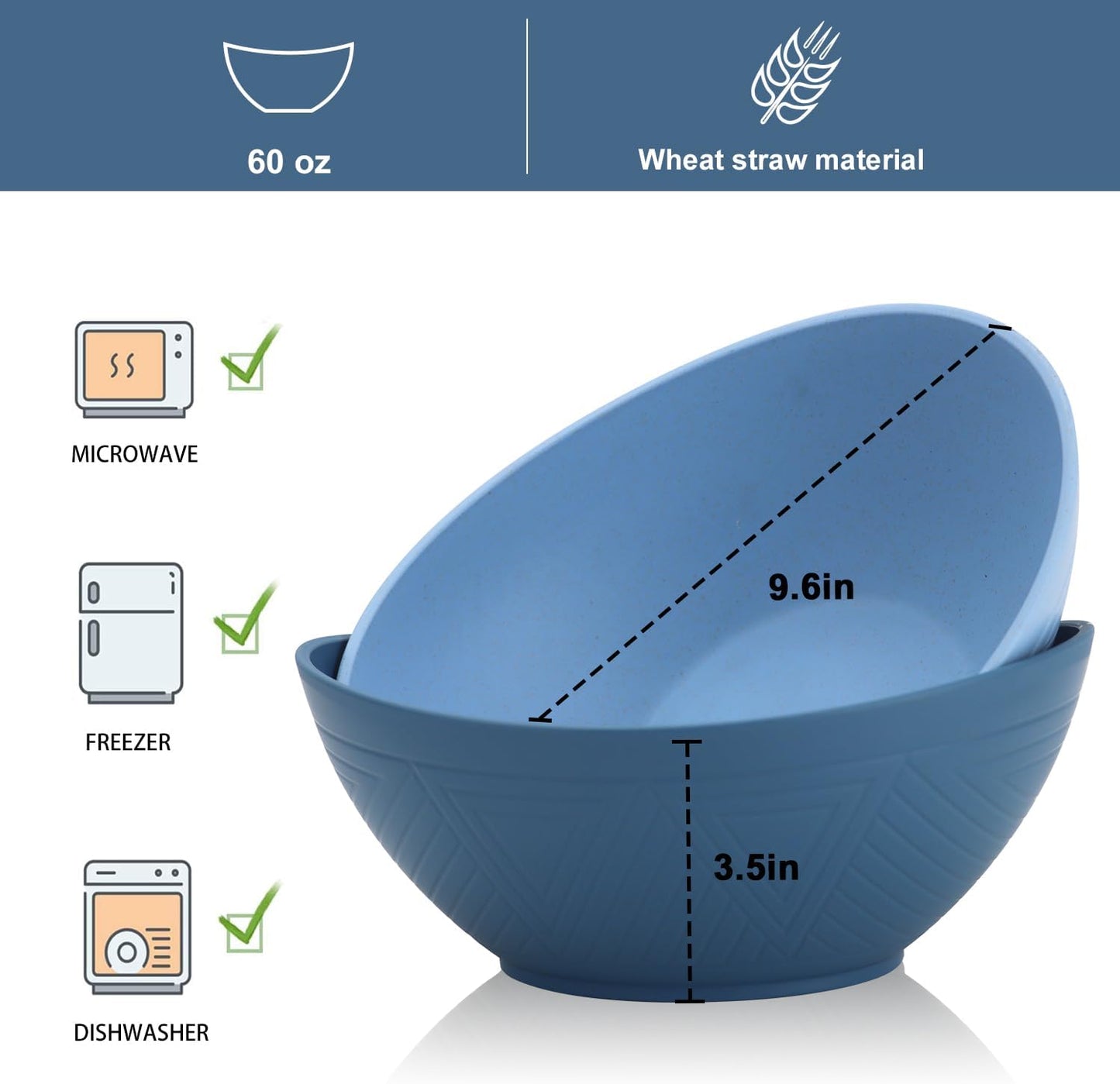 65oz Big Wheat Straw Bowls - Large Salad Bowls set of 6 - Unbreakable Serving Bowls - Microwave & Dishwasher Safe - Oval Bowls for Cereal,Salad,Fruit - Ocean Series