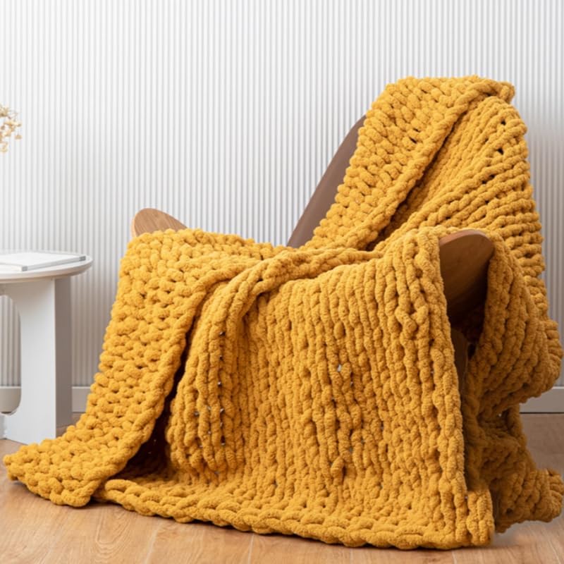 Chunky Knit Blanket Throw 40"*60", Hand Knitted Warm Chenille Throw Blanket, Home Decor Soft Thick Yarn Cable Knit Blanket,Soft Breathable Fleece Banket Christmas for Couch Bed Sofa Best Gift (Yellow)