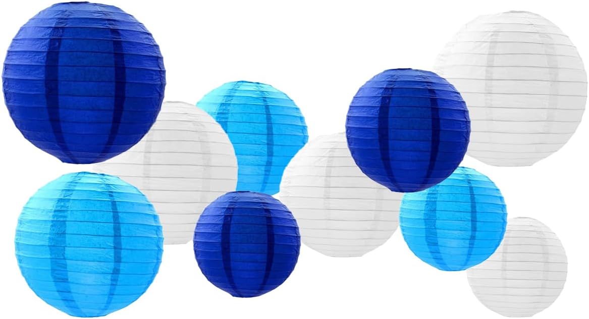 Paper Lanterns Decorations,Paper Hanging Decorations Ball Lanterns Lamps for Boy Birthday Parties, Bridal Showers, Baby Showers, Wedding（10 Pcs,4 in/6 in/8 in/10 in,Blue/White）