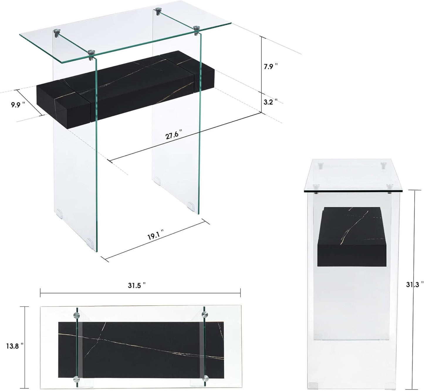 ivinta Glass Console Table with Storage, 31.5'' Modern Narrow Sofa Table for Small Space with Natural Wood Shelves for Living Room, Hallway, Foyer, Bedroom 5103 (Black)