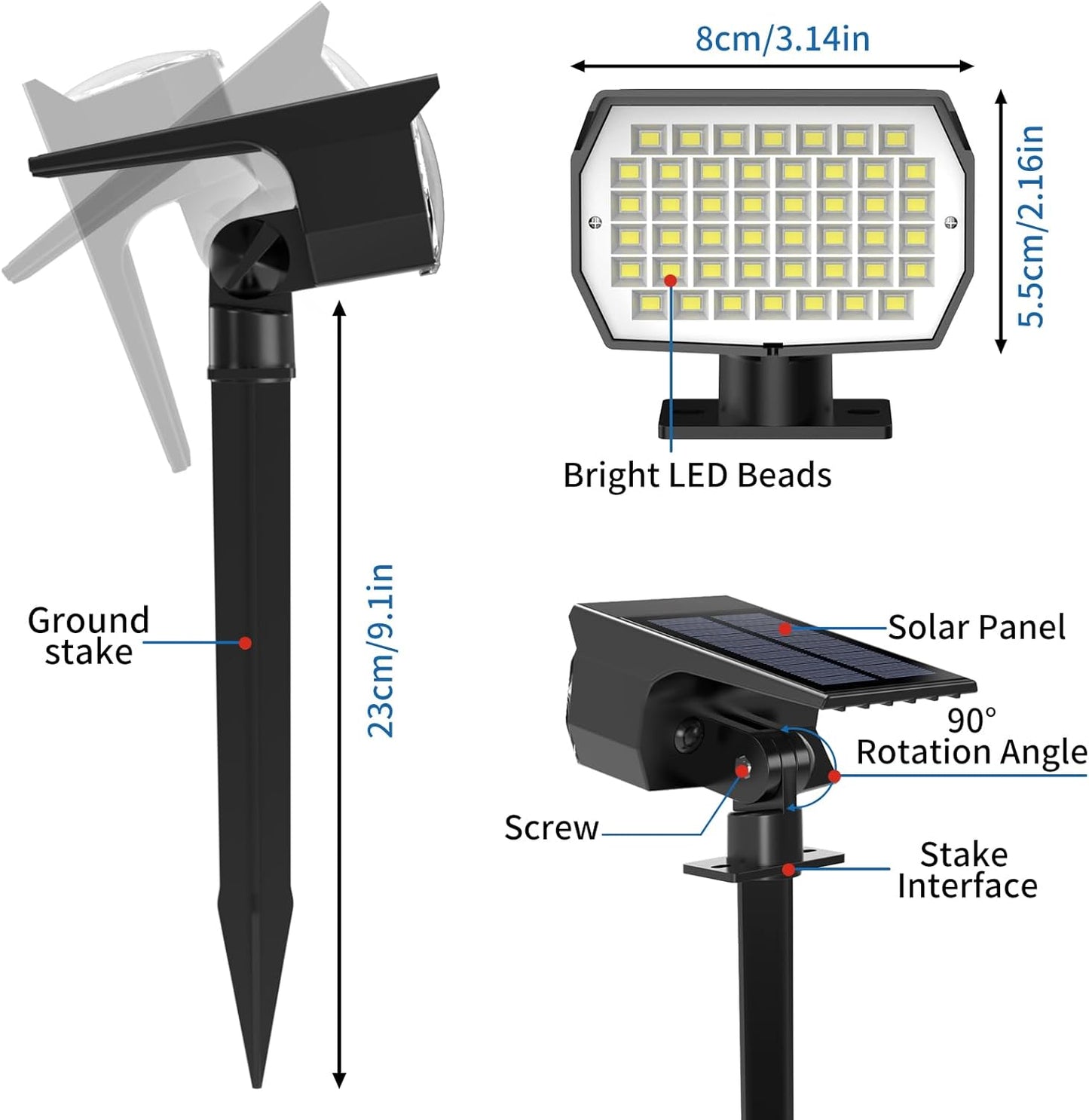 Solar Spot Lights Outdoor 2 Pack, [46 LED/3 Modes] Solar Landscape Spotlights Waterproof, 2-in-1 Auto On/Off Solar Powered Lights for Outside Yard Garden Wall Pathway(Cool White)