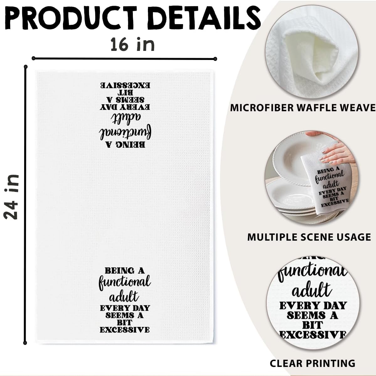 Funny Dish Towel, Waffle Weave Microfiber Tea Towel, Being A Functional Adult Every Day Seems A Bit Excessive, Sarcastic Kitchen Hand Towel, Gag Gift for Women Friend Sister