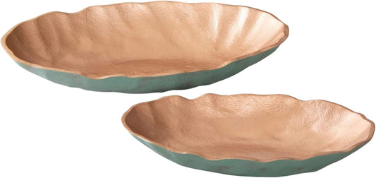 ANDALUCA Set of 2 Turquoise Copper Finish Metal Decorative Oval Bowls for Potpourri, Table Decor