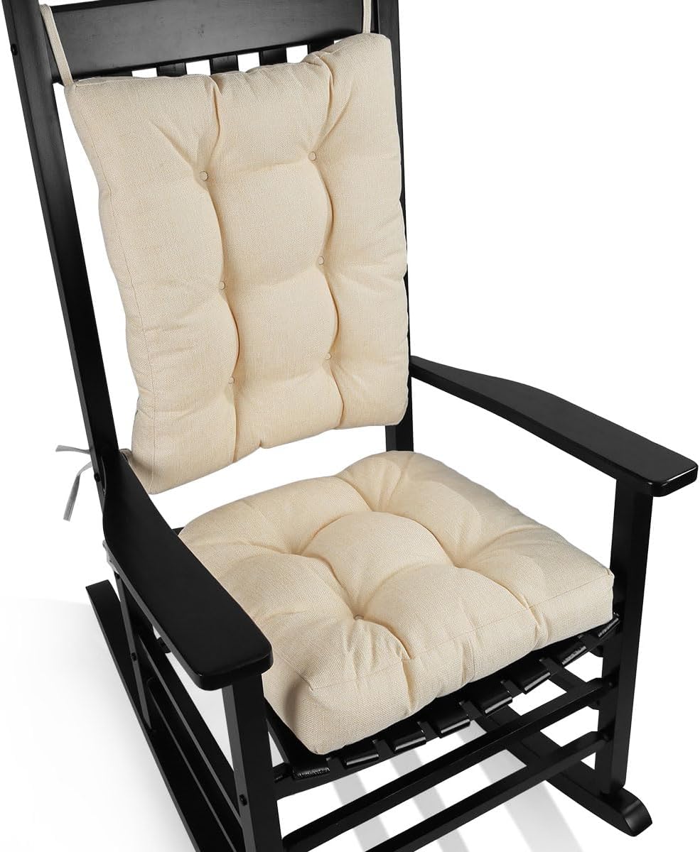 BUYUE Chair Cushion Set for Rocking Chair, Back Pillow & Seat Cushion with Ties, Original Woven Fabric Non-Slip Chair Pads for Elderly Sitting, Beige