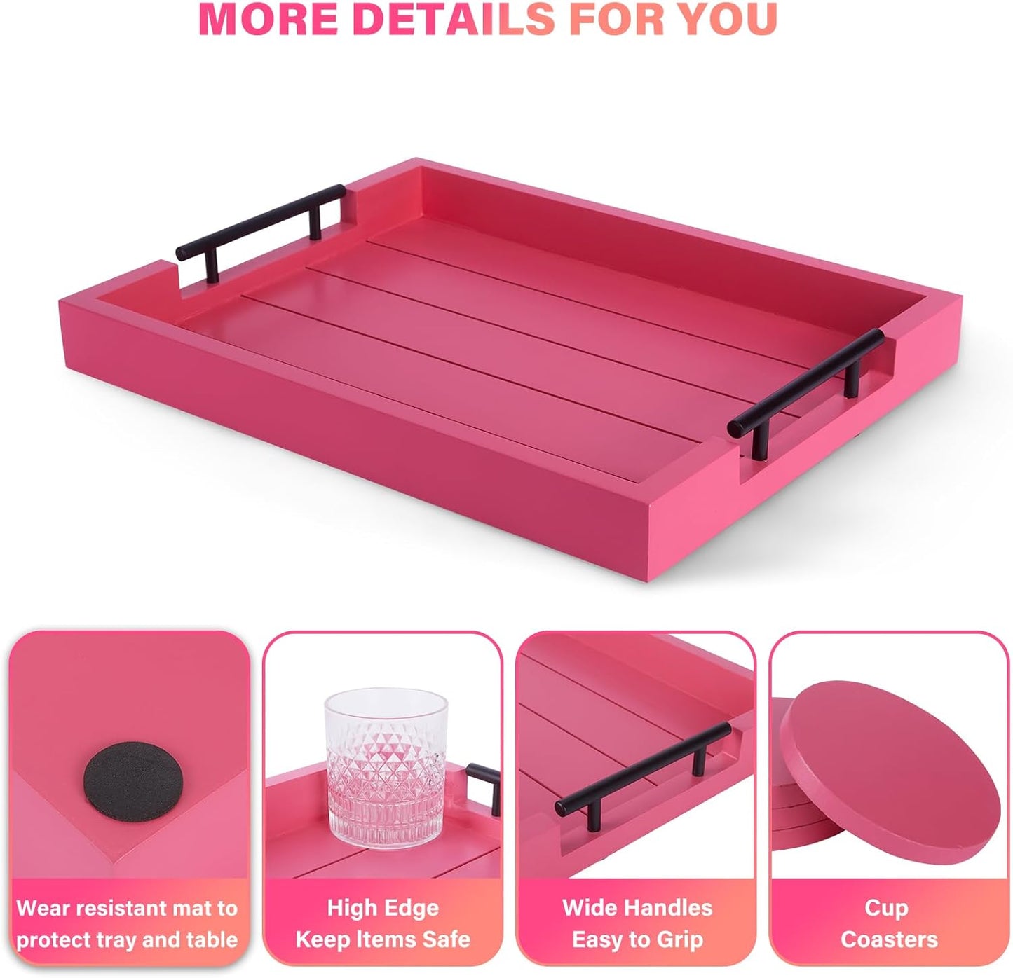 Ottoman Tray | Coffee Table Tray Decorative, Serving Tray with Handles - 17x13 Inch Wood Tray for Coffee Table Tray - with 4 Wooden Coasters -Tray for Ottoman, Breakfast