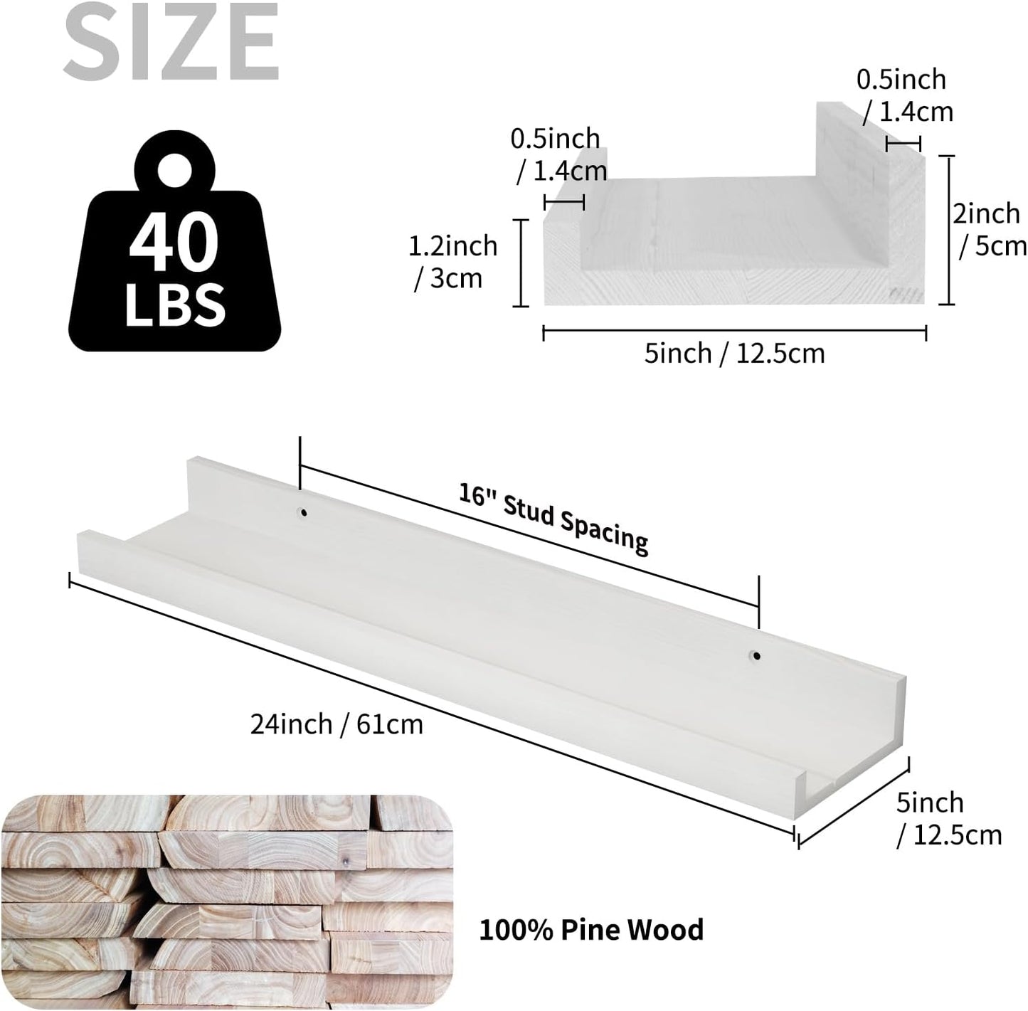 SAUMONIERES Picture Ledge Shelf Floating Book Shelves Set of 2 Wall Mounted Solid Wood for Bedroom Bathroom Living Room Kitchen, 24 Inch White