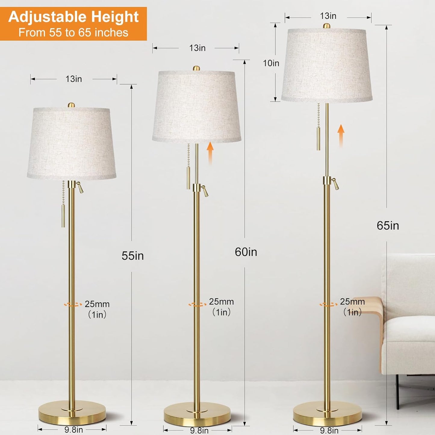 Gold Floor Lamp for Living Room 55-65" Adjustable Modern Brass Standing Lamp with Pull Chain Tall Pole Light with Beige Shade for Bedroom Reading Office Corner Nursery 9W LED Bulb Included 3 ColorTemp
