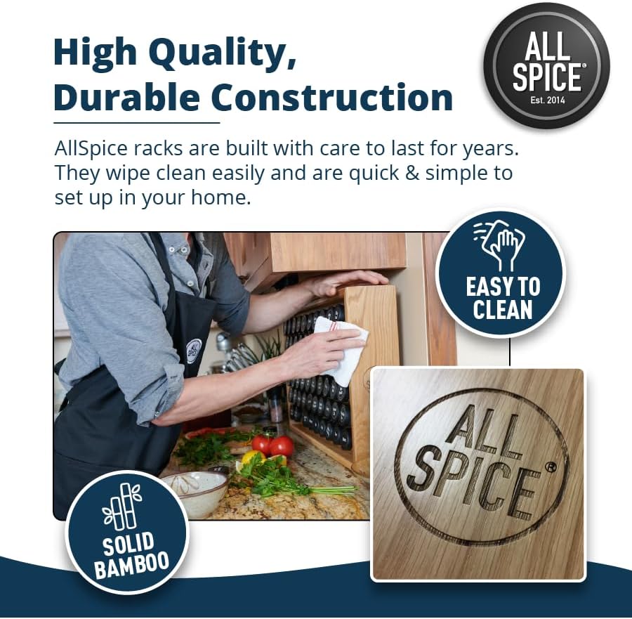 AllSpice Spice Rack Organizer, Wood, 525 Unique Labels, Countertop or Wall Mount, Includes 30 4oz Jars- Matte Black
