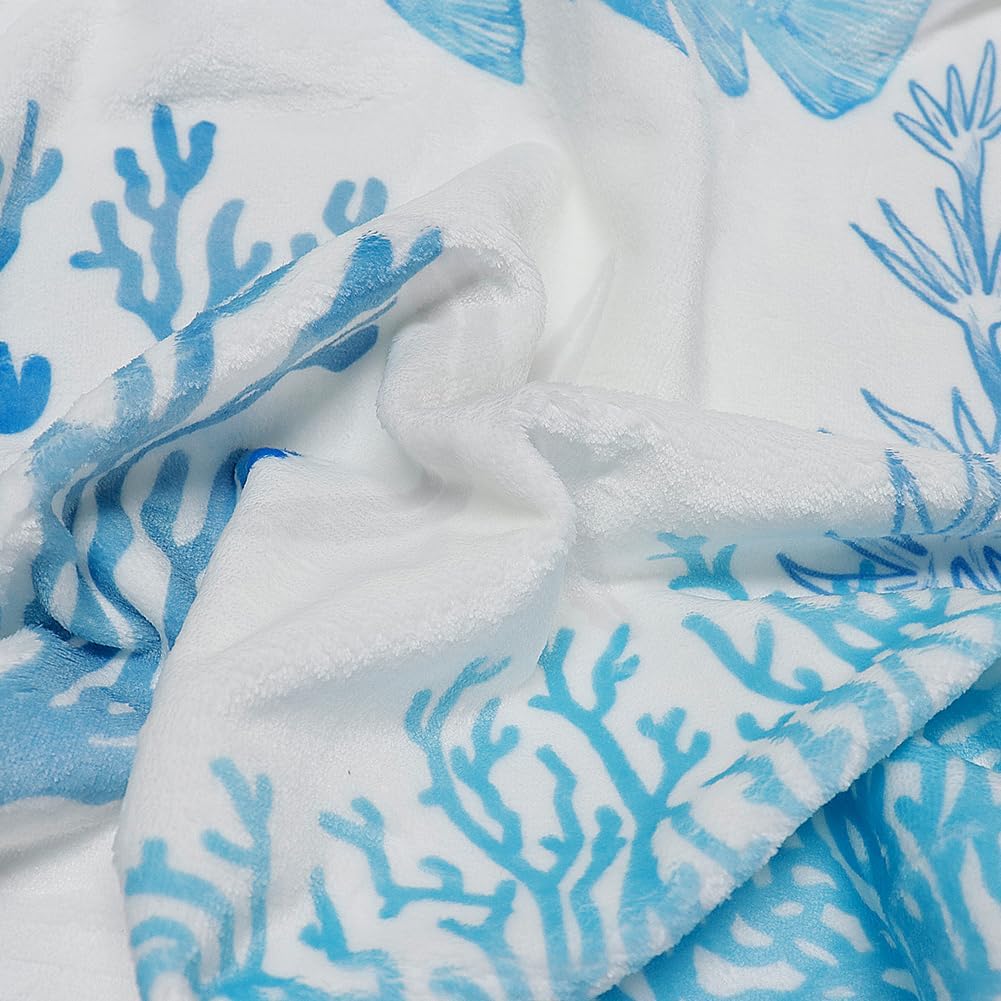 Blue Ocean Beach Throw Blanket Nautical Coastal Bed Blanket Starfish Seashell Coral Blankets Super Soft Flannel Fleece Throw Blanket for Couch Bed Decor “60 x80”