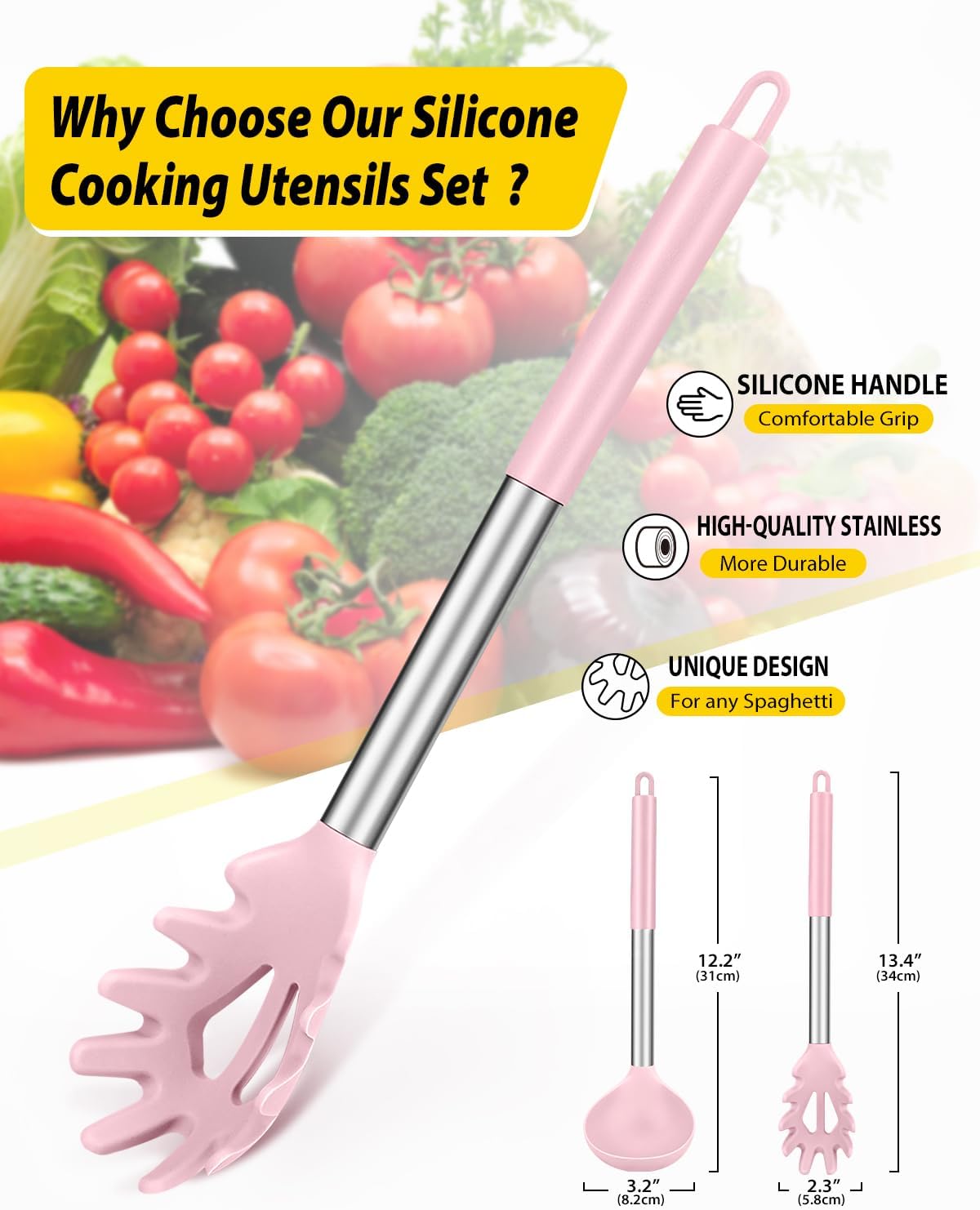 Silicone Pasta Fork and Ladle Spoon Set, Large Non Stick Kitchen Utensils for Cooking,Stirring,Serving Spaghetti, Soup, Sauce (PINK)