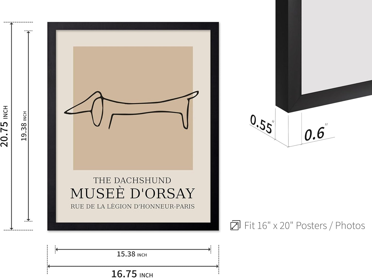 Poster Master Vintage Poster - Retro Minimalist Print - Gift for Artist, Housewarming - Dachshund Dog, Line Drawing, Abstract - Wall Decor for Living Room, Bedroom, 16x20 Black Framed