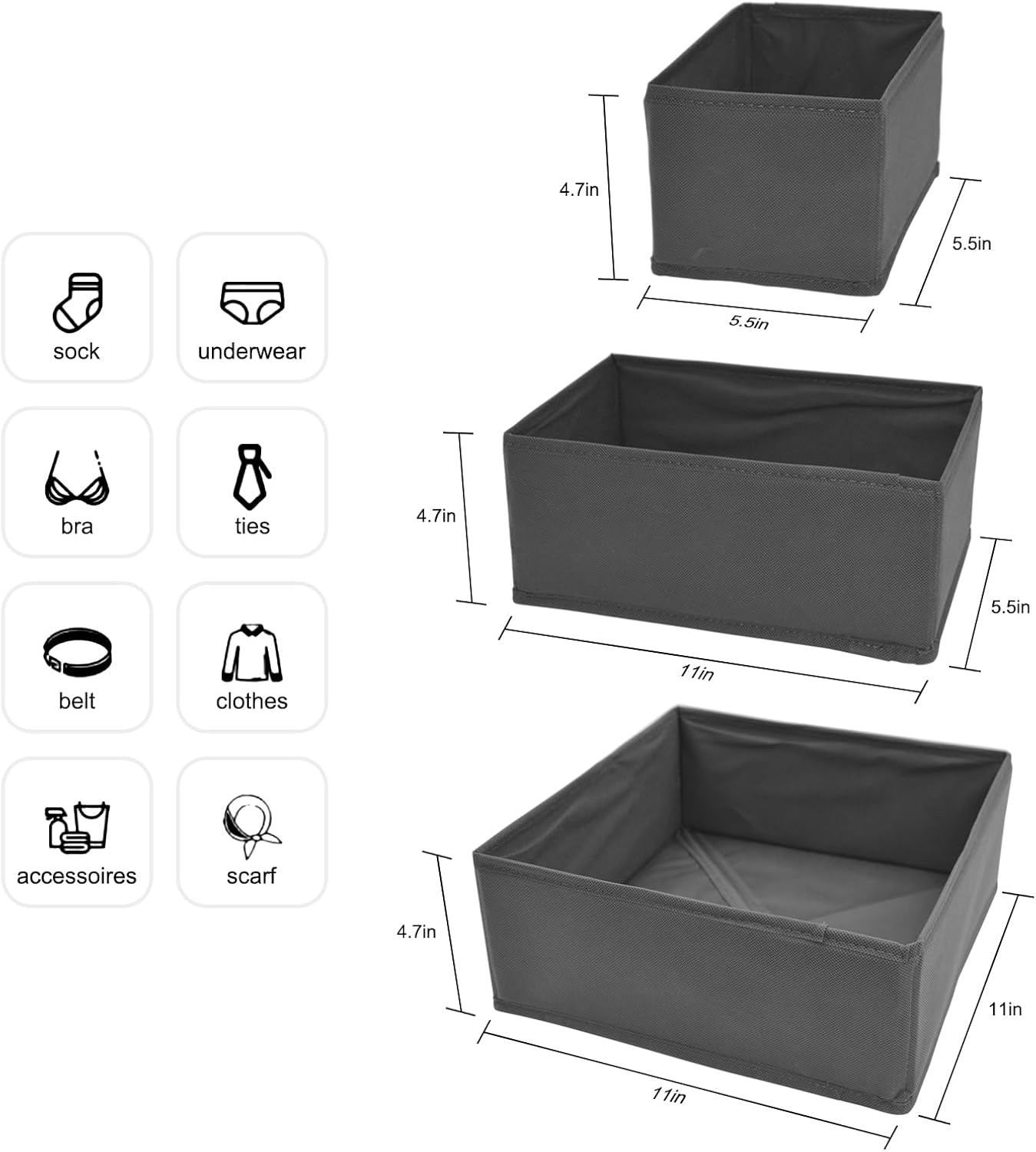 6 Pack Drawer Organizers for Clothing,Fabric Foldable Closet Organizers and Storage Dresser Drawer Dividers Storage Basket Bins for Clothes,Socks,Scarves,Ties,Underwear,Towels
