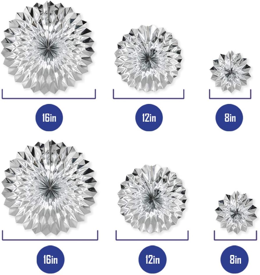 Hanging Paper Fans Party Set, Silver Round Pattern Paper Garlands Decoration for Birthday Baby Shower Graduation Retirement, Set of 6