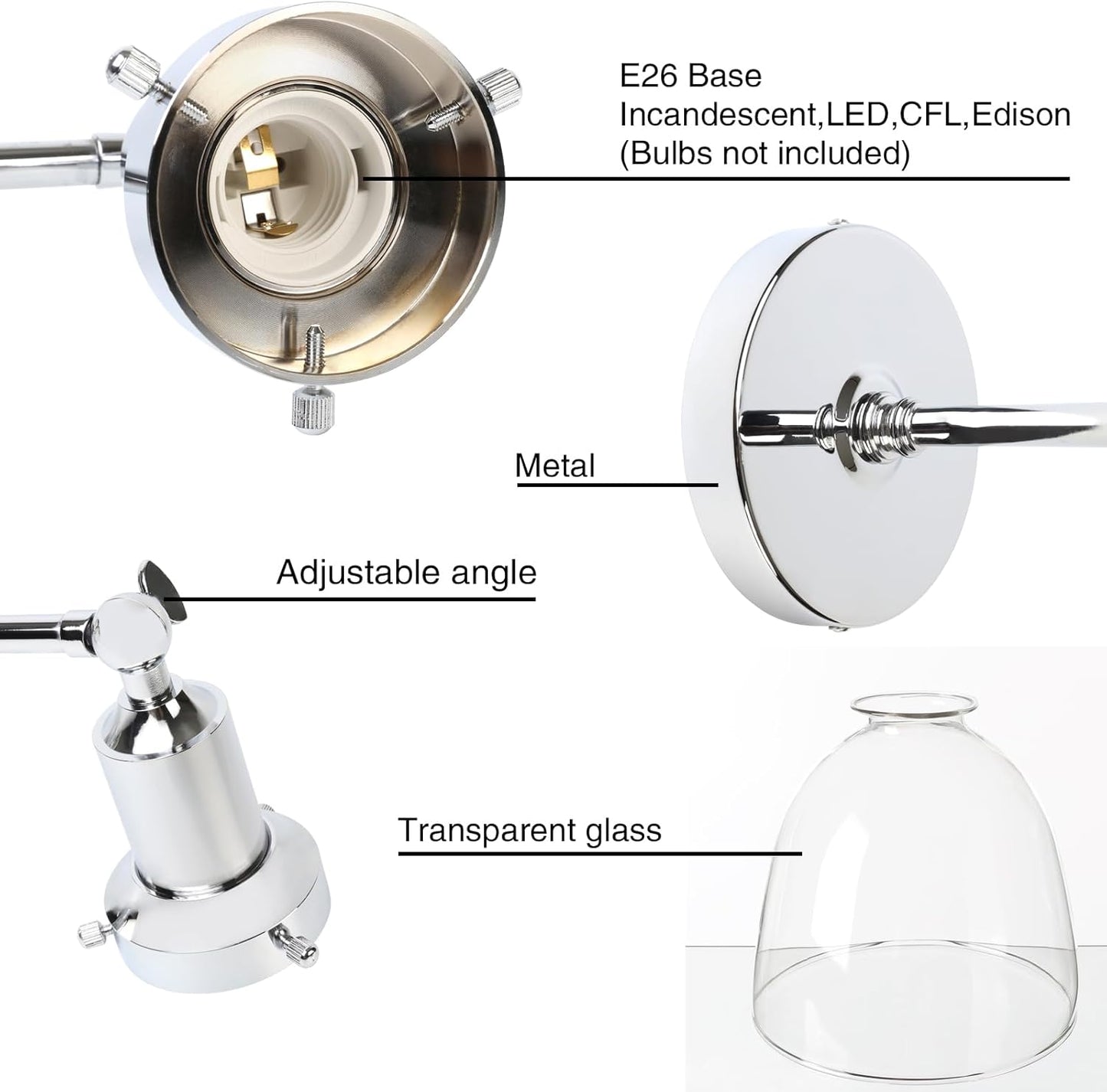 PERMO Industrial Vintage Wall Sconce Chrome Wall Sconce with 6.7" Oval Dome Clear Glass Shade Light Lamp Fixture