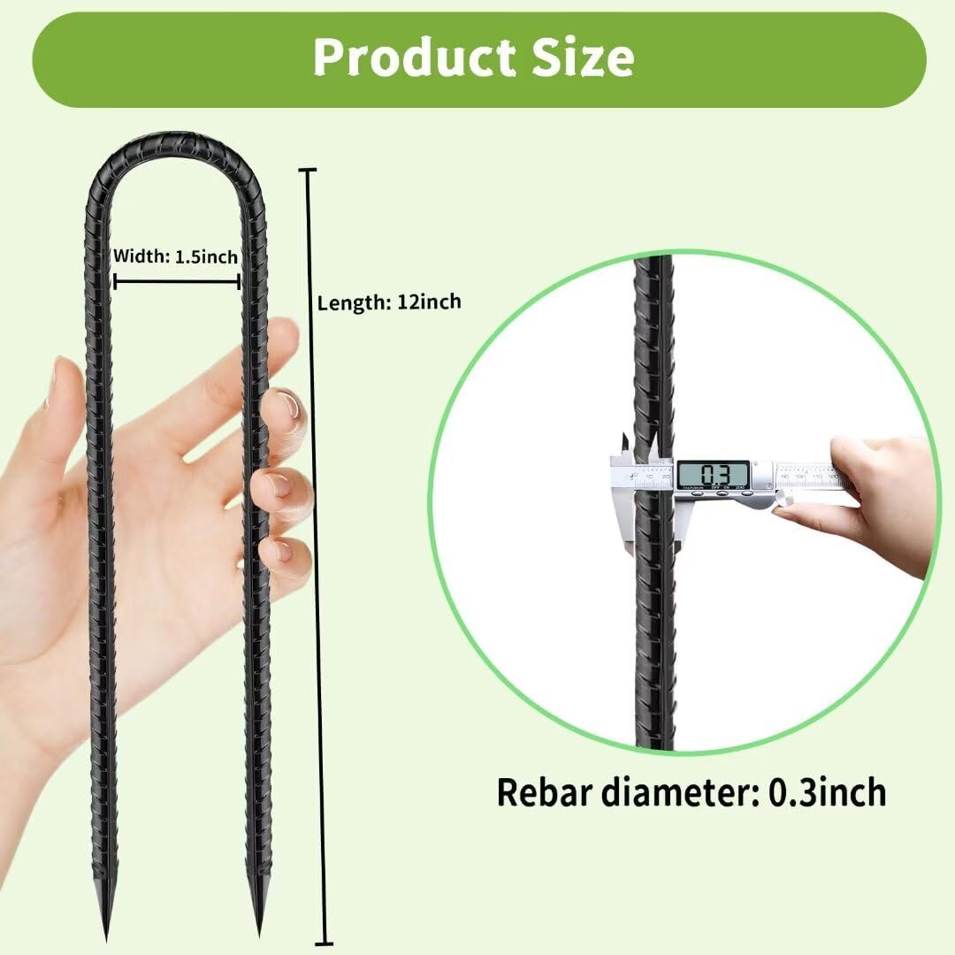 Ground-Stakes-Heavy-Duty-12 inch, U-Hook Rebar Stakes Black Coated Anti-Rust 6pcs Garden Stakes Metal Ground Anchors for Garden Dog Fence Chicken Coop Christmas Decorations Deer Fence