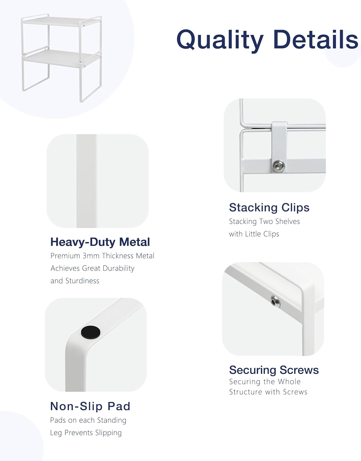 Nxconsu 2Pack Cabinet Shelves Stackable Shelf Organizer Rack Riser for Kitchen Cabinet Pantry Cupboard Counter Countertop Home Organization Storage Space Saver Heavy Duty Metal Nonslip White Wide Tall