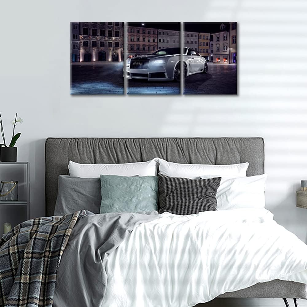 White Car Poster Pictures for Living Room Famous Sports Car Canvas Wall Art House Decor Super Car in the Square Modern Office Wall Decor Framed Large Wall Art for Home Men Boys Bedroom, 36" Wx16 H