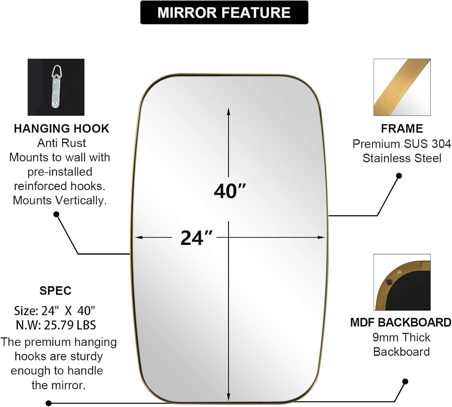 ANDY STAR 24x40” Gold Bathroom Mirror, Oblong Brass Mirror with Stainless Steel Metal Frame, Brushed Gold Oval Vanity Mirror for Over Sink, Modern Anti Rust Wall Mounted