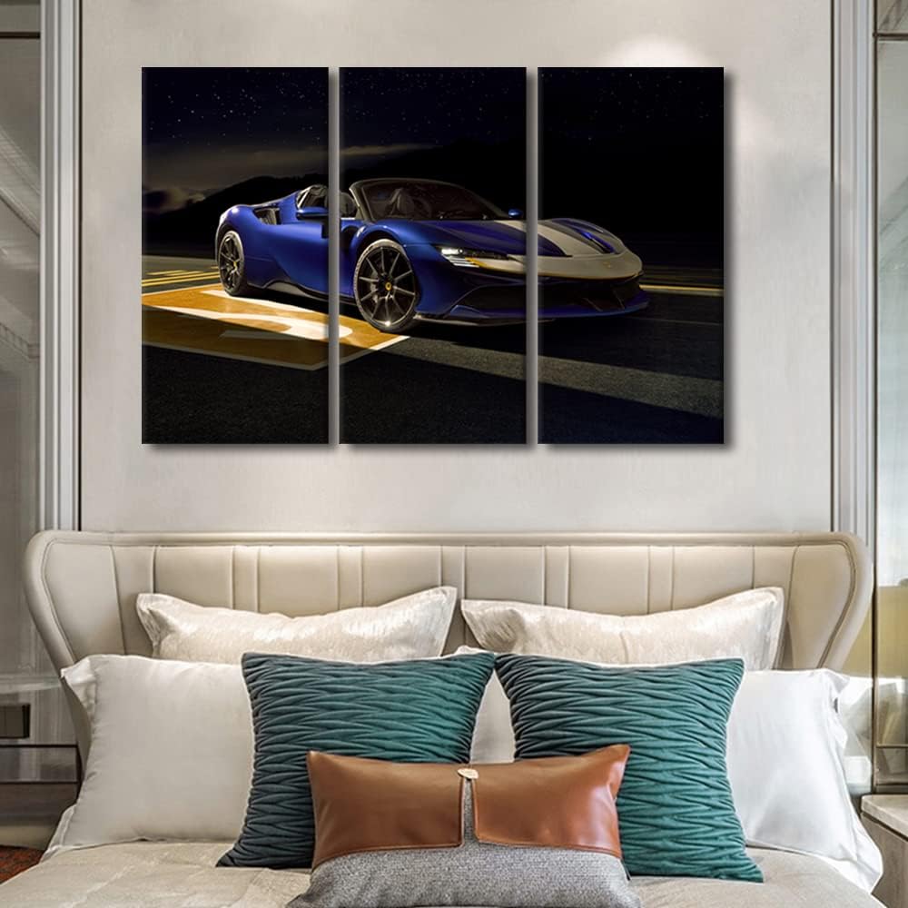 TUMOVO Blue Sports Car Under the Starry Sky Wall Art Painting on Canvas Supercar Bedroom Wall Art Modern Home Decor House Decorations for Living Room Pictures Stretched on Wooden Frame, 36" Wx24 H
