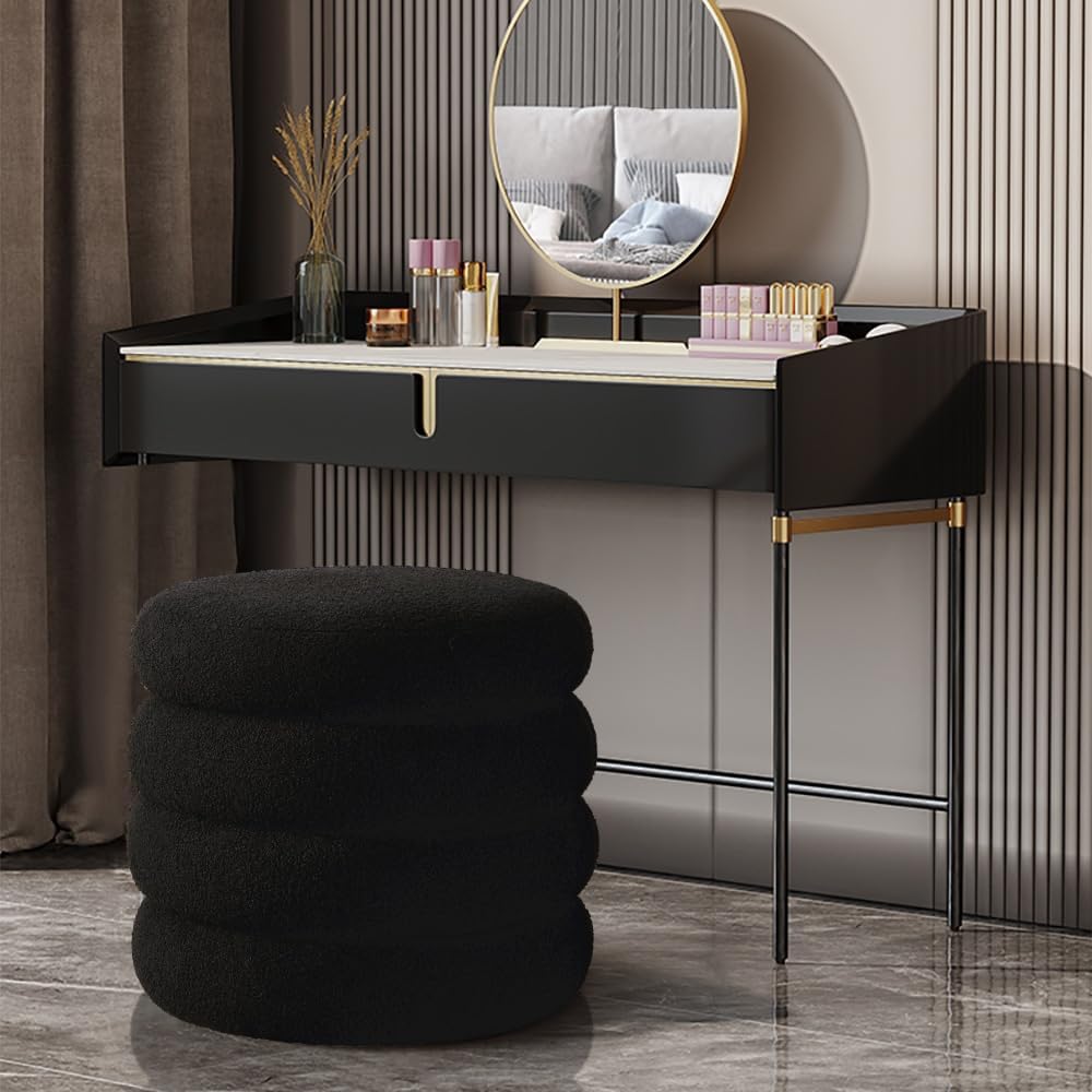ONEVOG Sherpa Storage Ottoman, Foot Rest Stool Seat for Living Room, Black Vanity Foot Pouf, Tufted Footstool with Removable Lid for Dorm, Bedroom