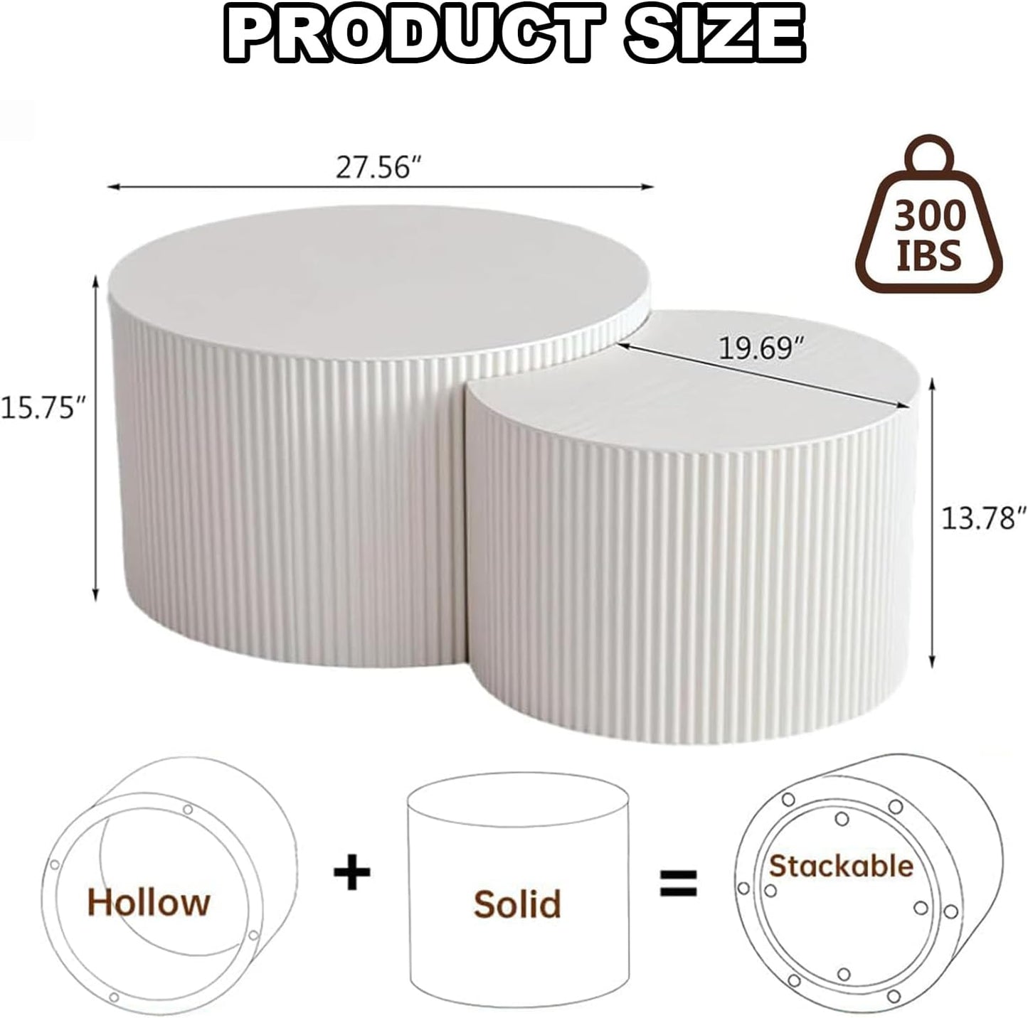 Nesting Coffee Table Set of 2 Modern Handcraft Fluted Coffee and End Table Sets Wooden Drum Small Round Side Table Minimalist Cream Center Tables for Living Room,No Assembly,Crescent Large