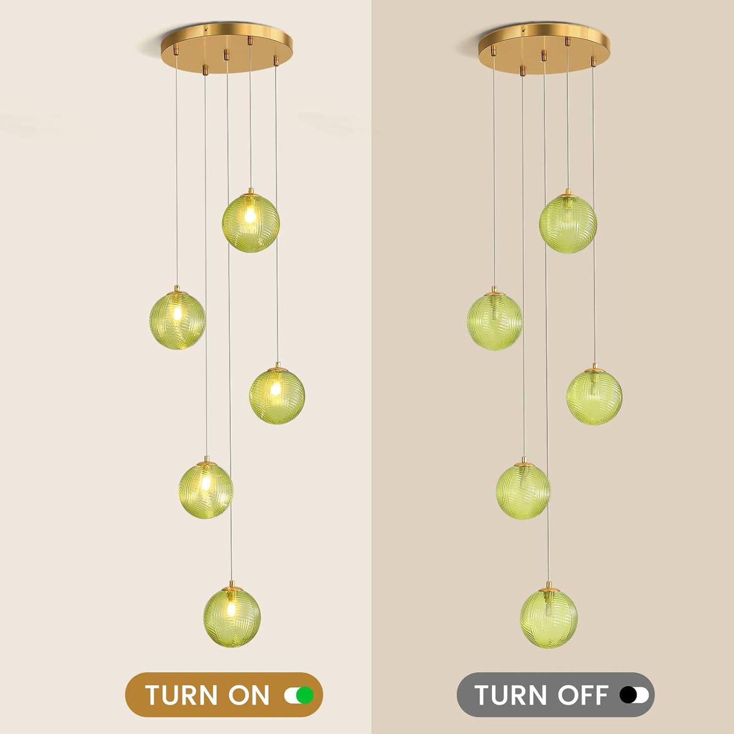 5-Light Chandelier, Globe Green Glass Flush Mount Pendant Light,15W Ceiling Hanging Light for Staircase Foyer Entryway Living Room Hotel Kitchen Island（3000K,G9 Bulbs Include）