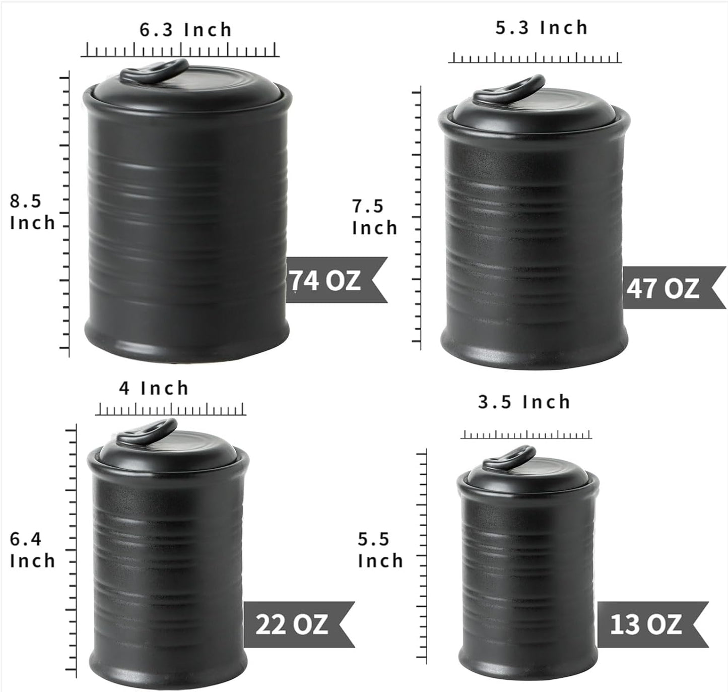 Nihow Food Storage Jar Sets: Ceramic Container with Air Tight Lid for Flour/Sugar/Rice/Coffee/Cookies/Candy - Seal Damp-proof Canister for The Kitchen Counter - Set of 4 （Matte Black）