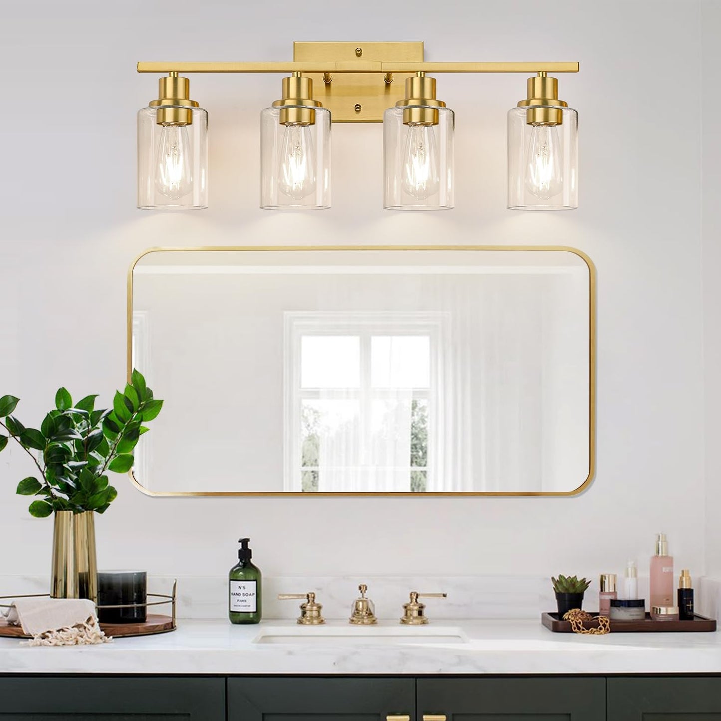 4-Light Vanity Lights with Clear Glass Shades, Brushed Gold Bathroom Light Fixtures Over Mirror, Modern Bathroom Wall Lamp for Mirror Living Room Cabinet Bedroom Porch