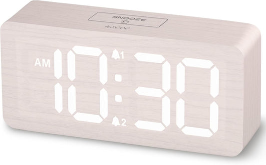 uscce Wooden Digital Alarm Clocks for Bedrooms: Dimmable Dual Alarm Clock with Large Numbers for Bedside Desk - Loud Alarm for Heavy Sleepers with Volume Control - Wood Decor & Gifts