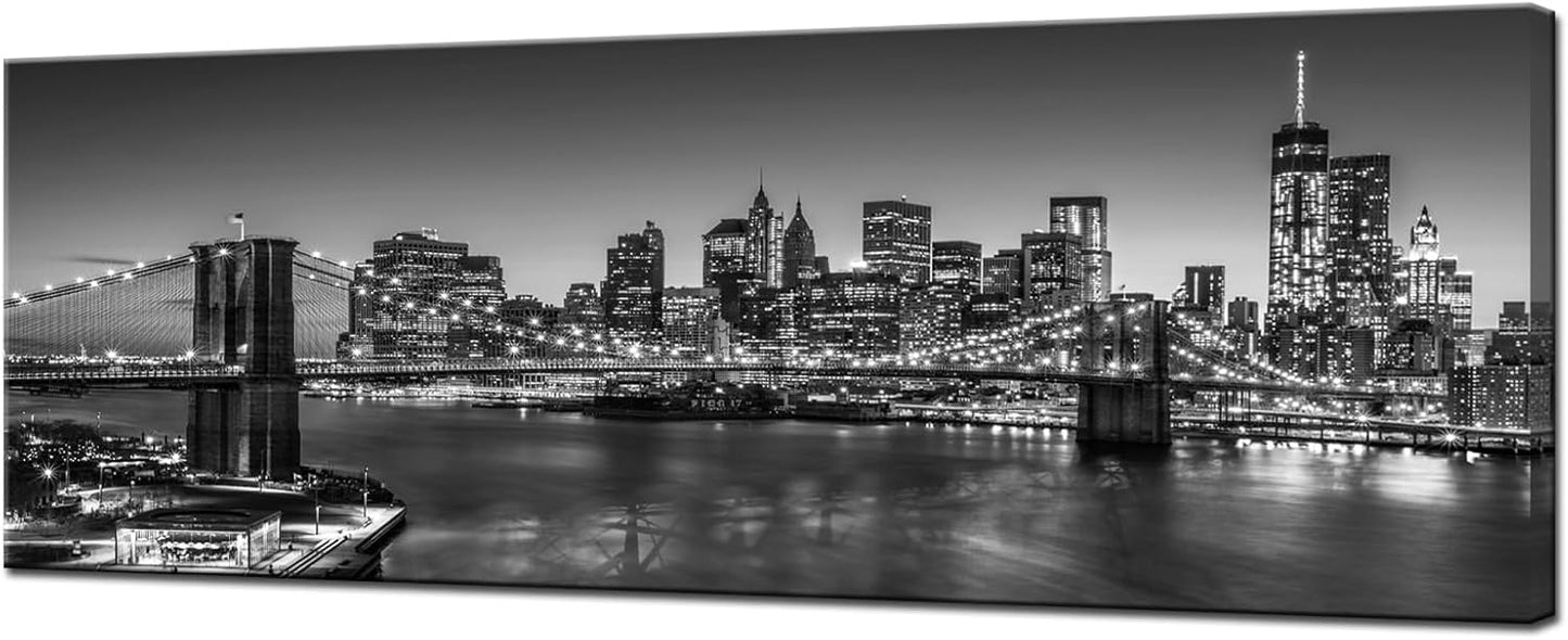 Biuteawal - Black and White Brooklyn Bridge Canvas Wall Art New York City Picture Print Manhattan Night Skyline Painting on Canvas Modern Home Office Wall Decoration Ready to Hang