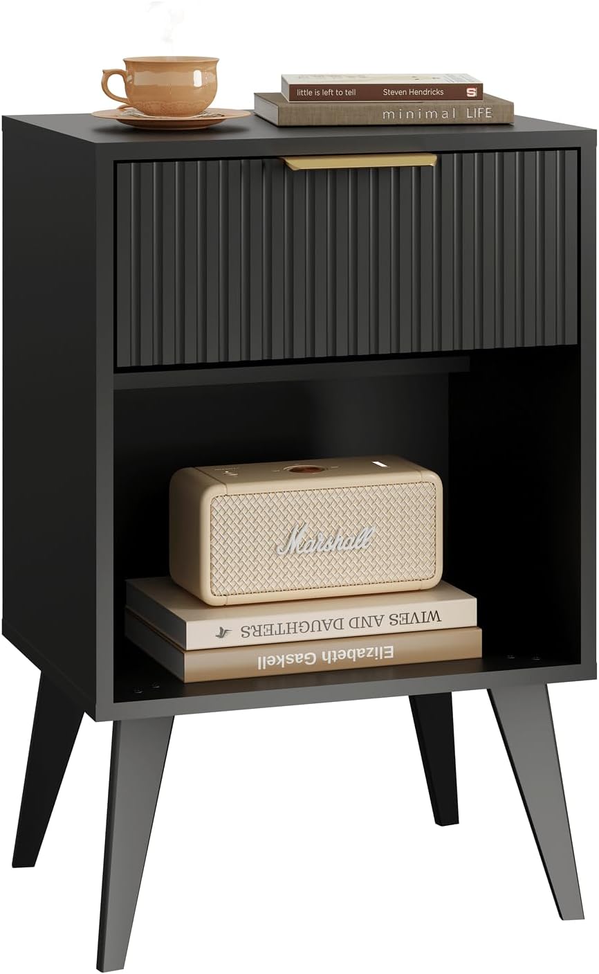 Fluted Night Stand with Opening Storage,Mid Century Bedside Table with Drawer,Modern Nightstand with Solid Wood Legs,End Table Side Table for Living Room,Bedroom,Black CTG56BK