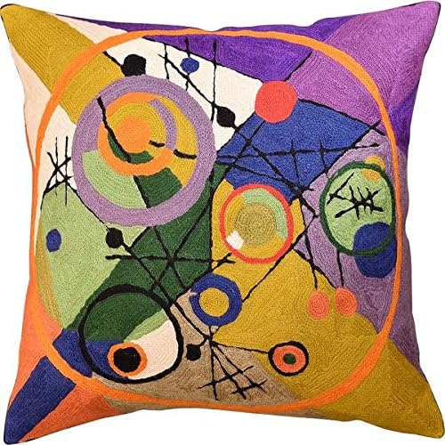 Kandinsky Contemporary Throw Pillow Cover - Circles 2 Modern Pillowcases Mid-Century Abstract Toss Cushion Farmhouse Chair Cushions Hand Embroidered Wool 18x18 Inch
