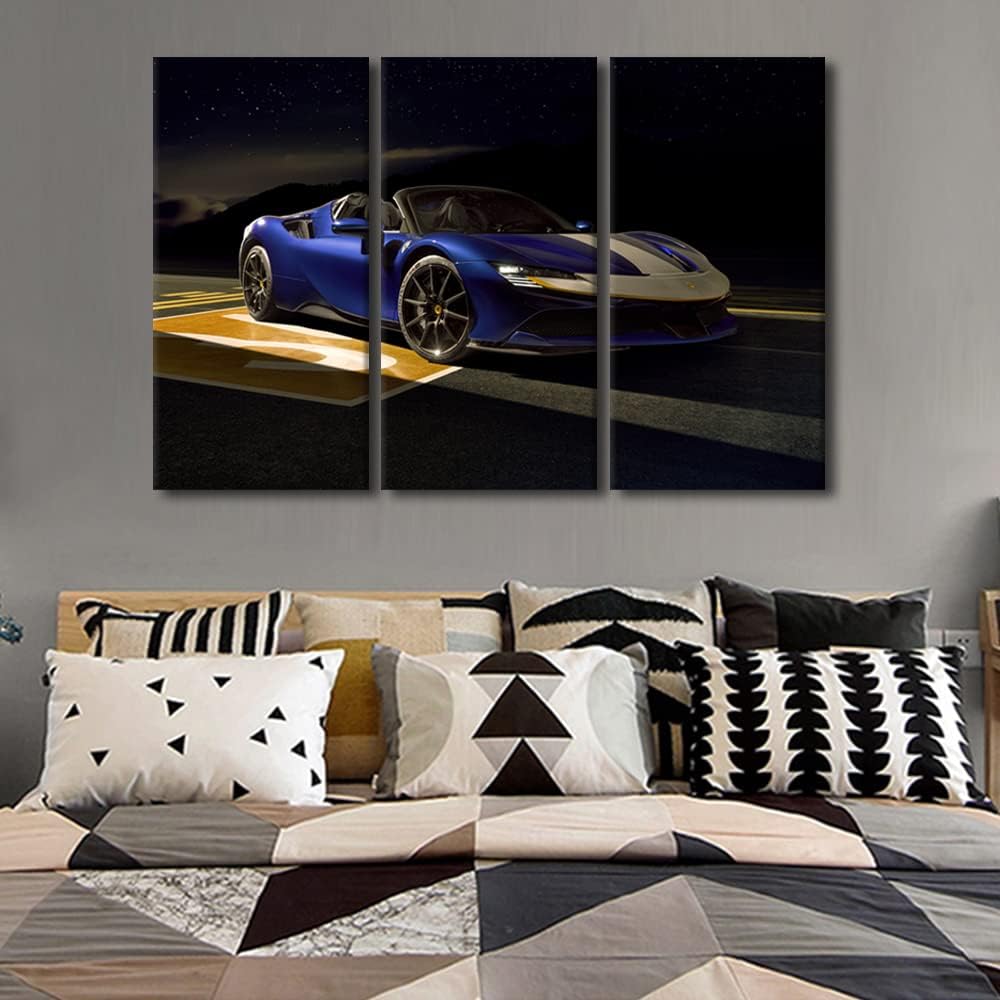 TUMOVO Supercar Wall Art Blue Sports Car Pictures Print On Canvas Sportscar on the Runway Modern Artwork Wall Art for Living Room Office Giclee Gallery Posters Prints Framed Ready to Hang, 42" Wx28 H